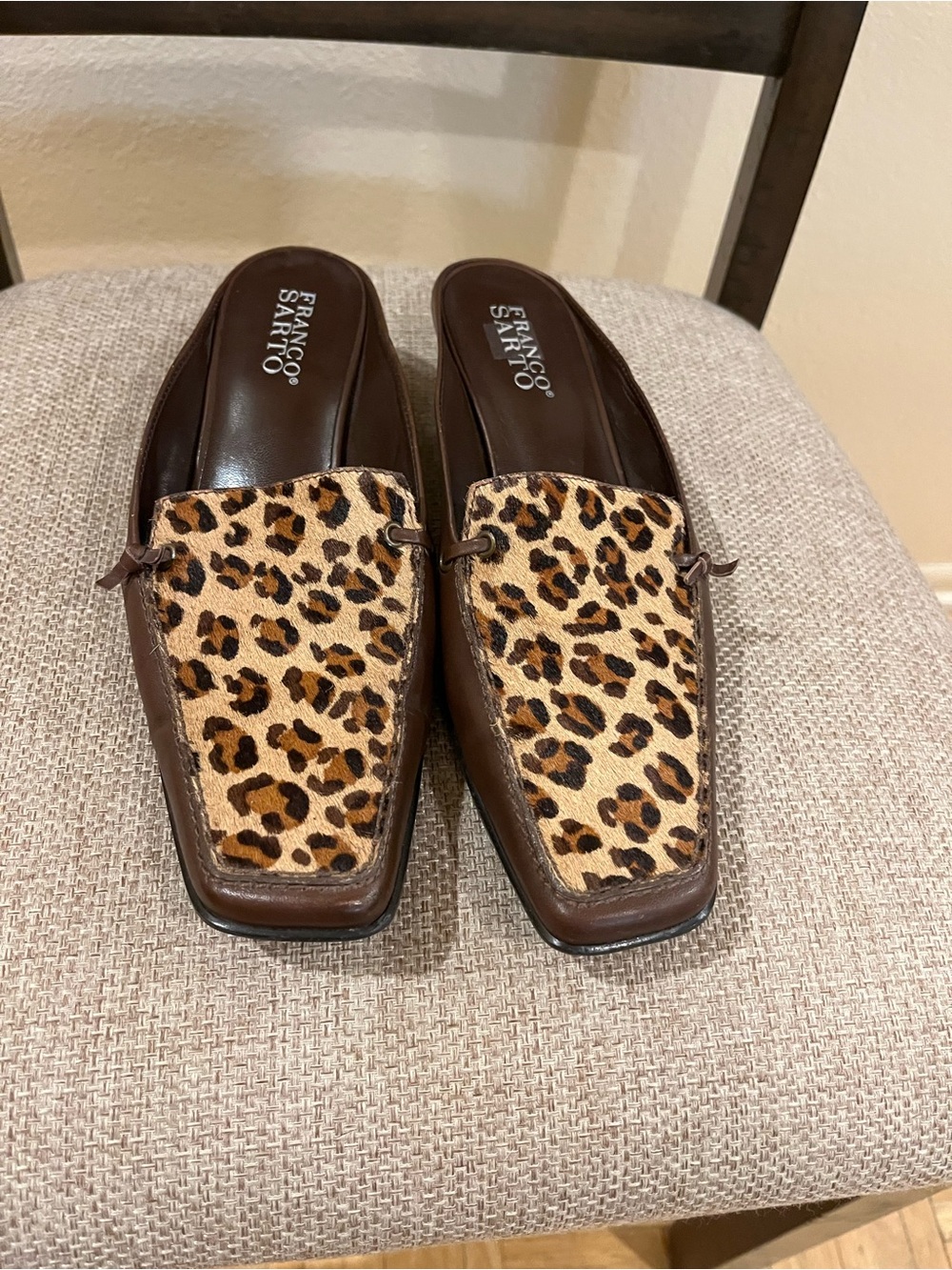 Franco Sarto kitten heel mules. Leather & leopard print calf hair. Brown. 8 - Picture 4 of 12